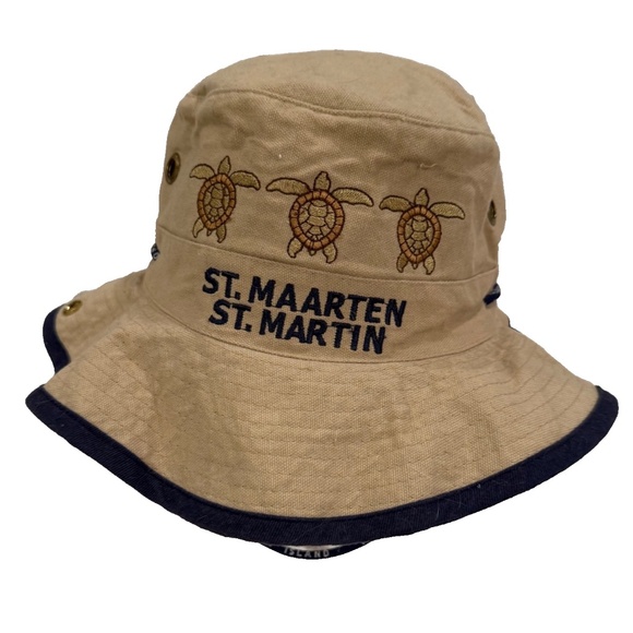 St. Maarten Embroidered Turtles Bucket Boonie Travel Sun Hat Tan Adj. Chip Strap - Picture 2 of 7
